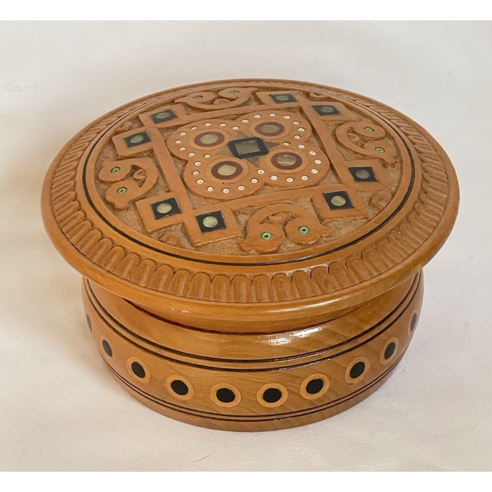 Vintage Hutsul Ukrainian Turned Wood Trinket Box Carved Pearly Inlay Folk Art
